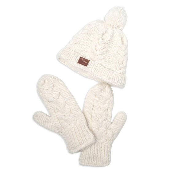 Cable Knit Winter Hat Toque & Mittens Pom Cream Leather Elk Deer Antler Patch - Picture 1 of 10
